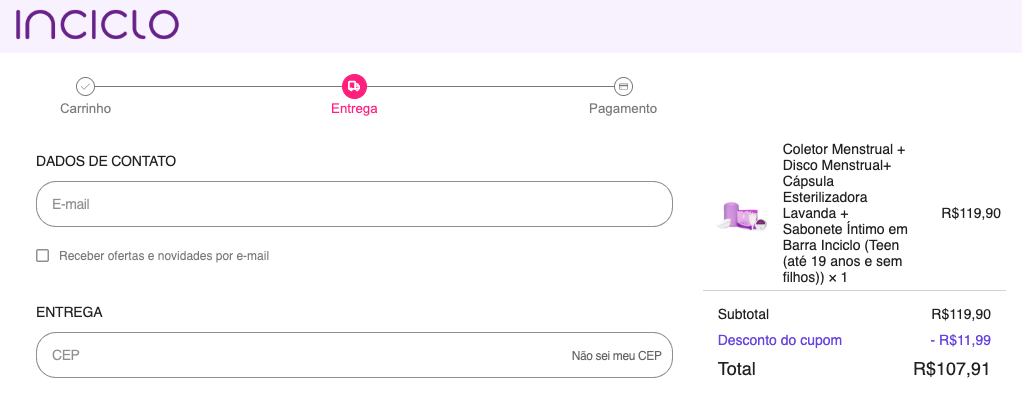 Cupom Inciclo do cuponation funcionando no checkout